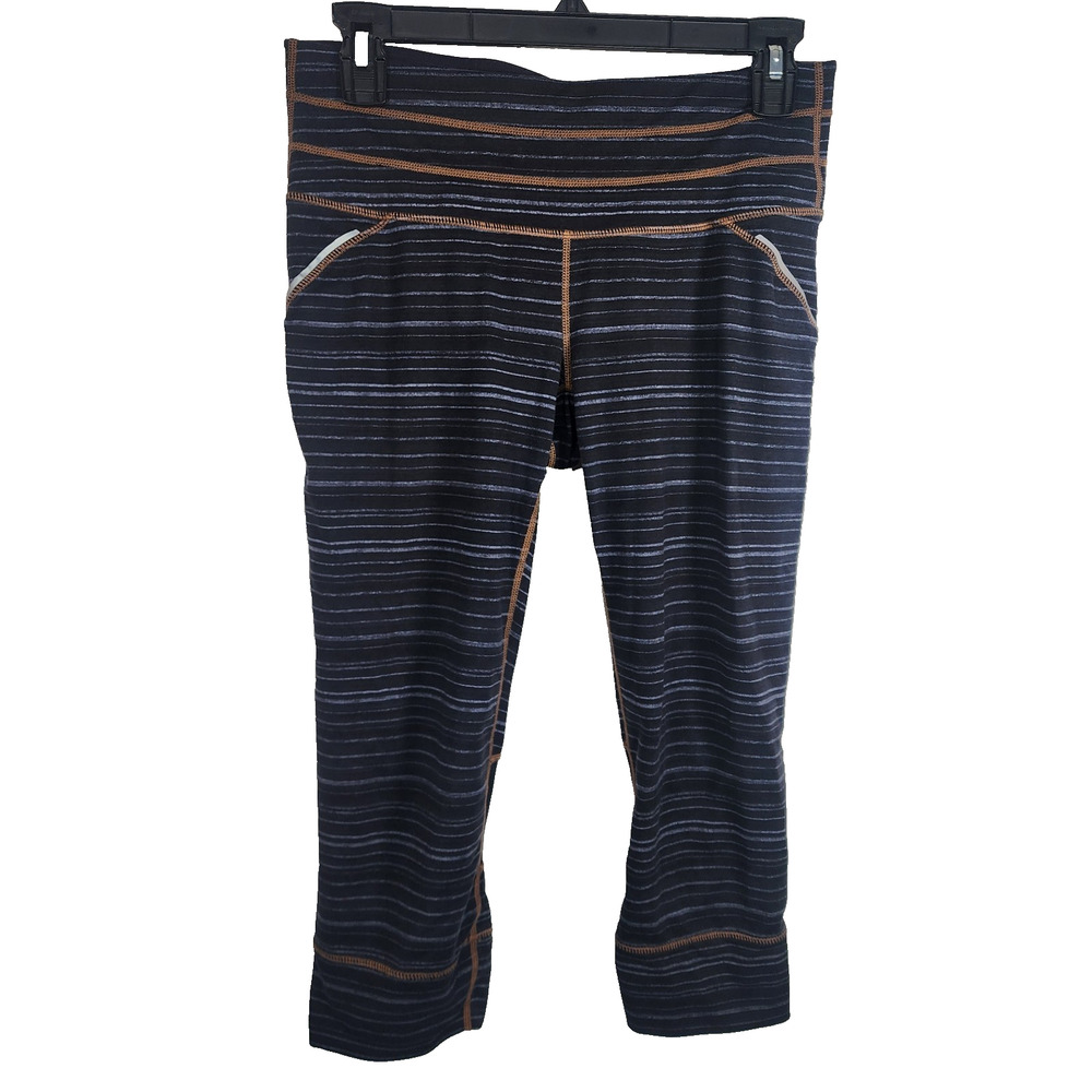 Athleta Womens Relay Capri Black Blue Striped Small Workout Zip Pocket Athletic